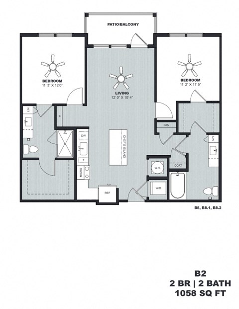 Floor plan for 2 beds, 2 baths, 1058 sqft